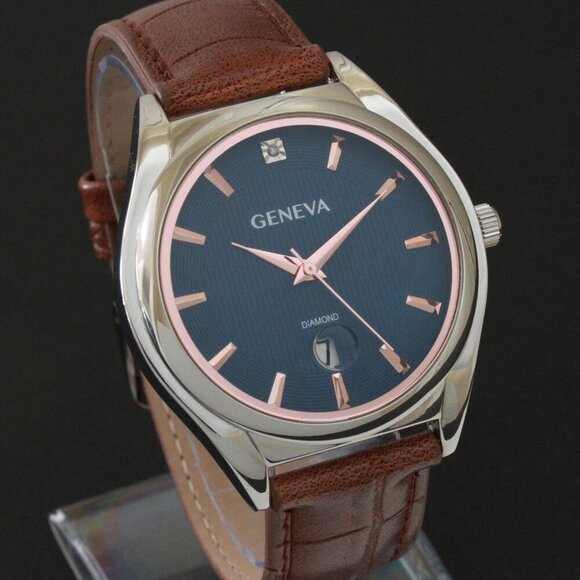 Geneva Men's Dress Watch Diamond At 12 Raised Indices Blue Dial Brown Strap 42mm - Picture 5 of 13